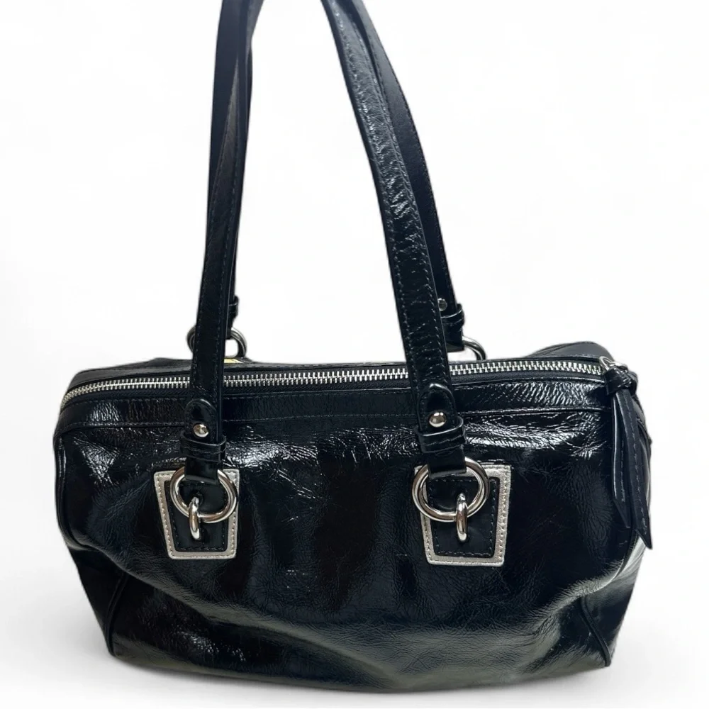 Coach Black Patent Inlaid Leather & Suede Cs Satchel Handbag - Picture 3 of 9